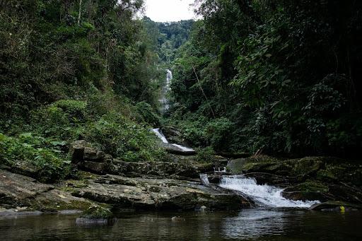 Imagem frontal da Cachoeira do Medanha com bastante vegetação ao redor